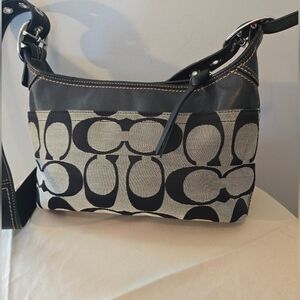 Coach Signature Canvas Black Leather Trim Hobo Shoulder Bag Style 10332 Zip Top